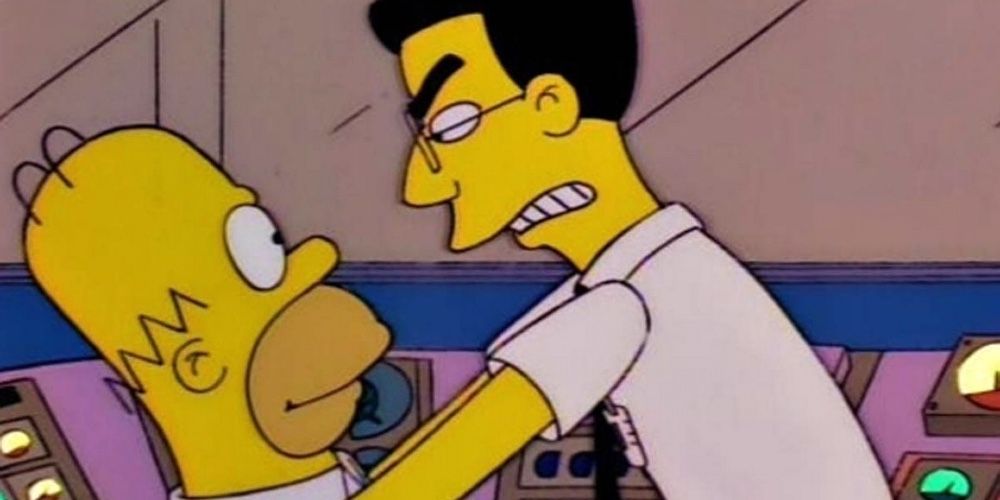 Frank Grimes attacks a smiling Homer on The Simpsons