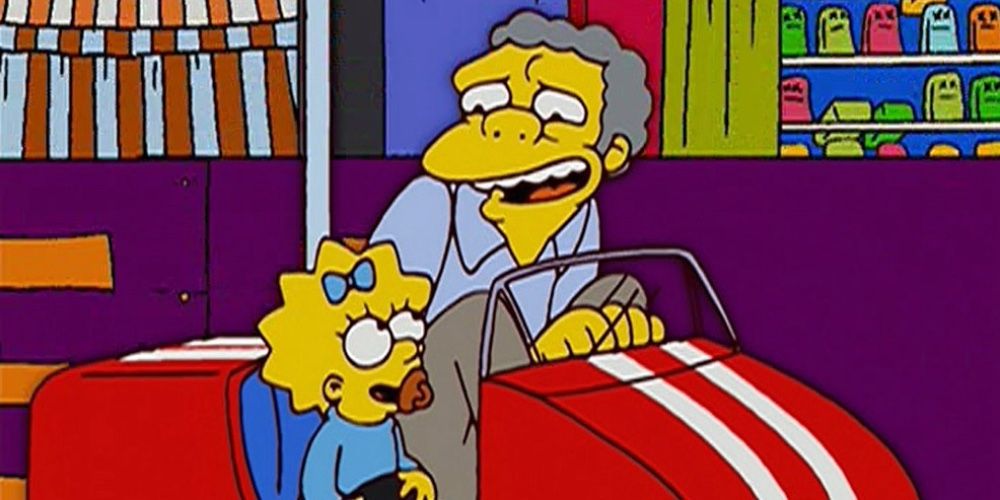 Moe babysitting Maggie on a toy car in The Simpsons.