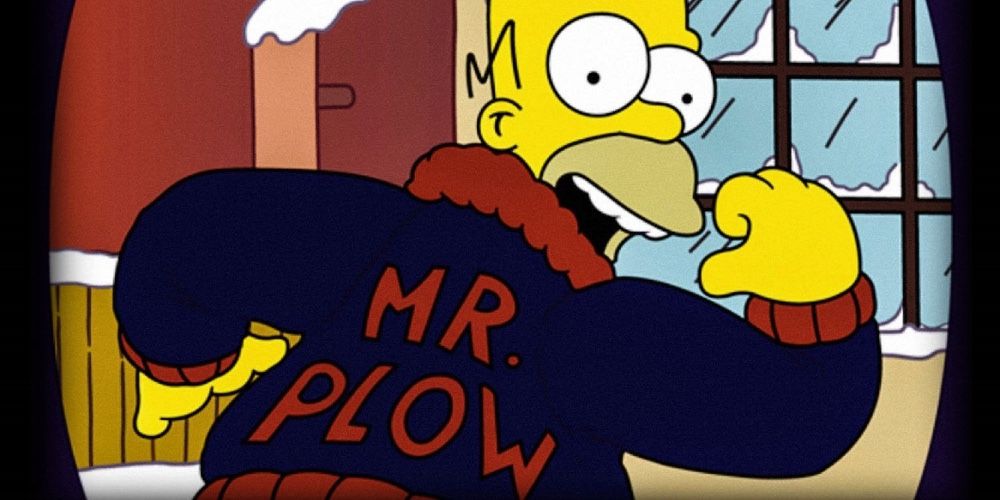 Homer points to his Mr. Plow jacket on The Simpsons