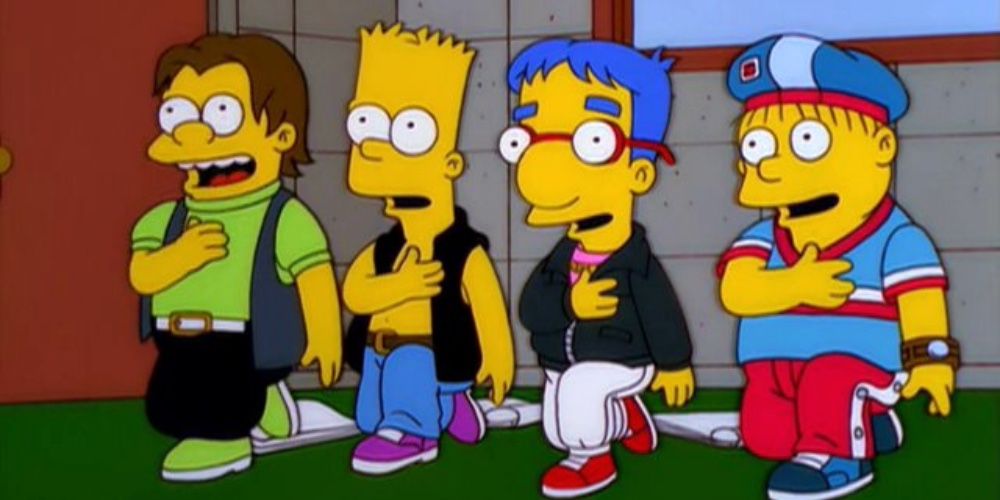 Nelson, Bart, Milhouse and Ralph as a boy band on The Simpsons