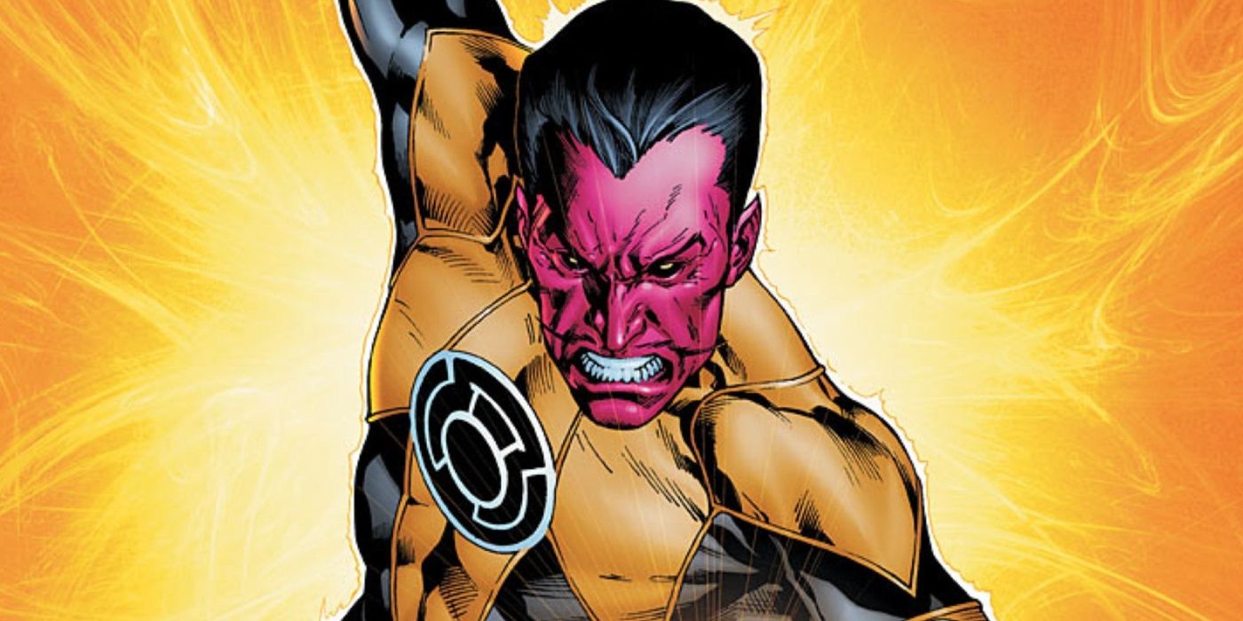 Yellow Sinestro raising his right arm and grimacing in a DC comic.