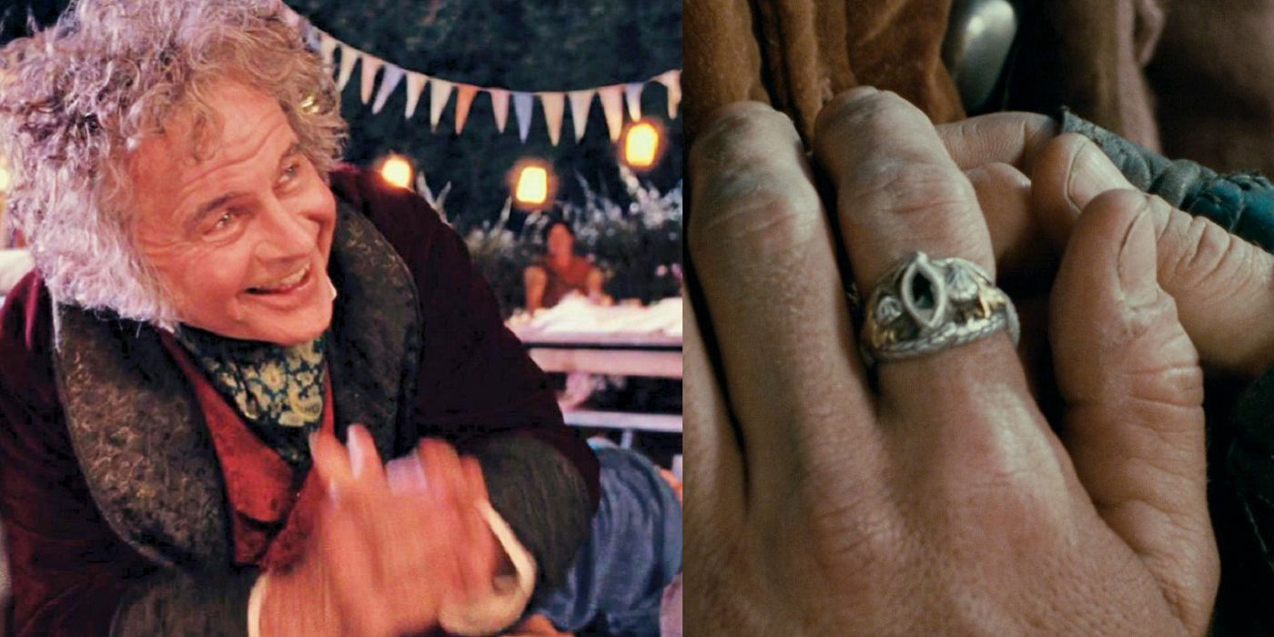 plit image of bilbos birthday and aragorns hand on the ring