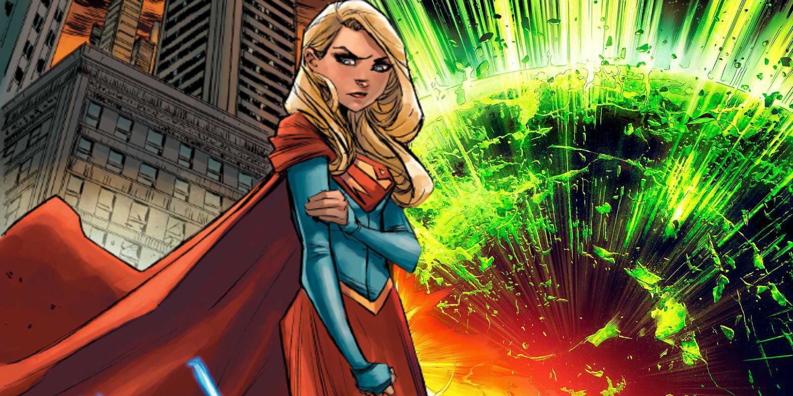 supergirl in front of an exploding krypton