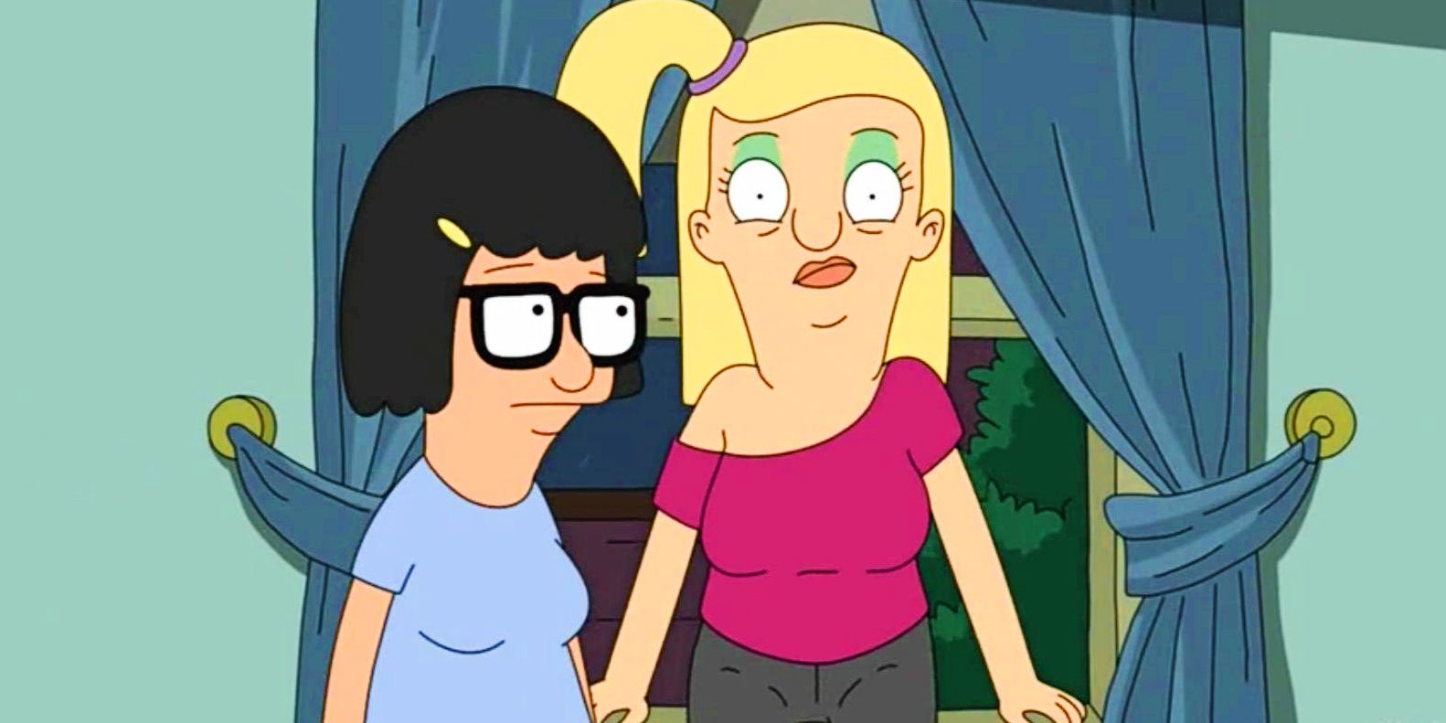 Tammy sits on a window sill as Tina looks on in Bob's Burgers.