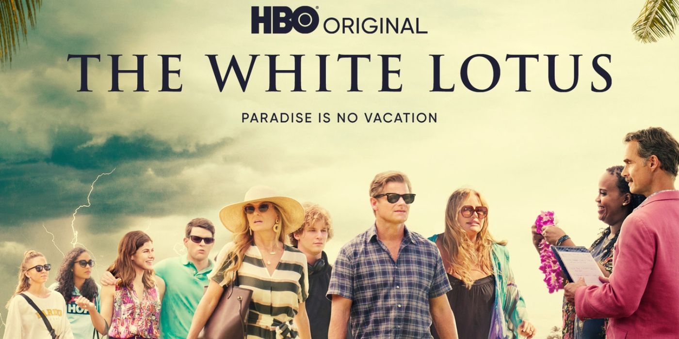 L'affiche White Lotus mettant en vedette les personnages principaux marchant sur une plage