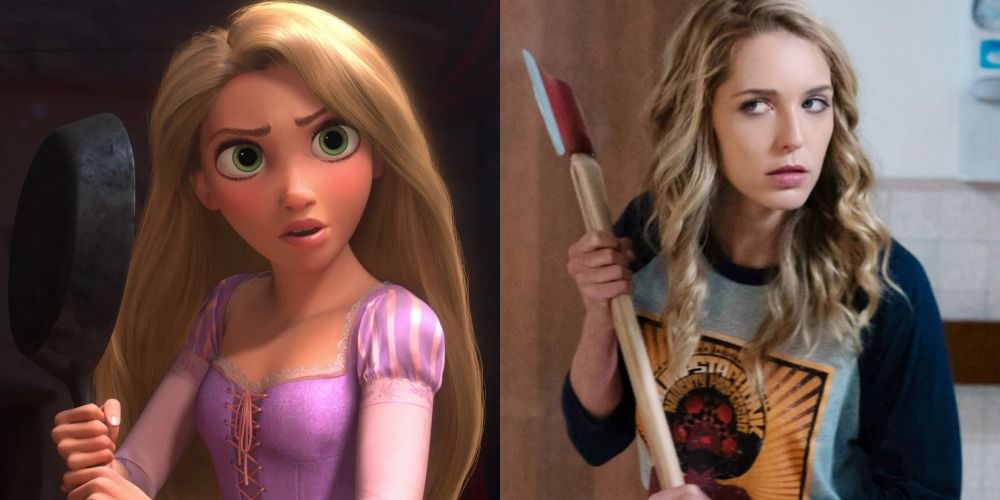 two pictures, Rapunzel from Tangled and Jessica Rothe