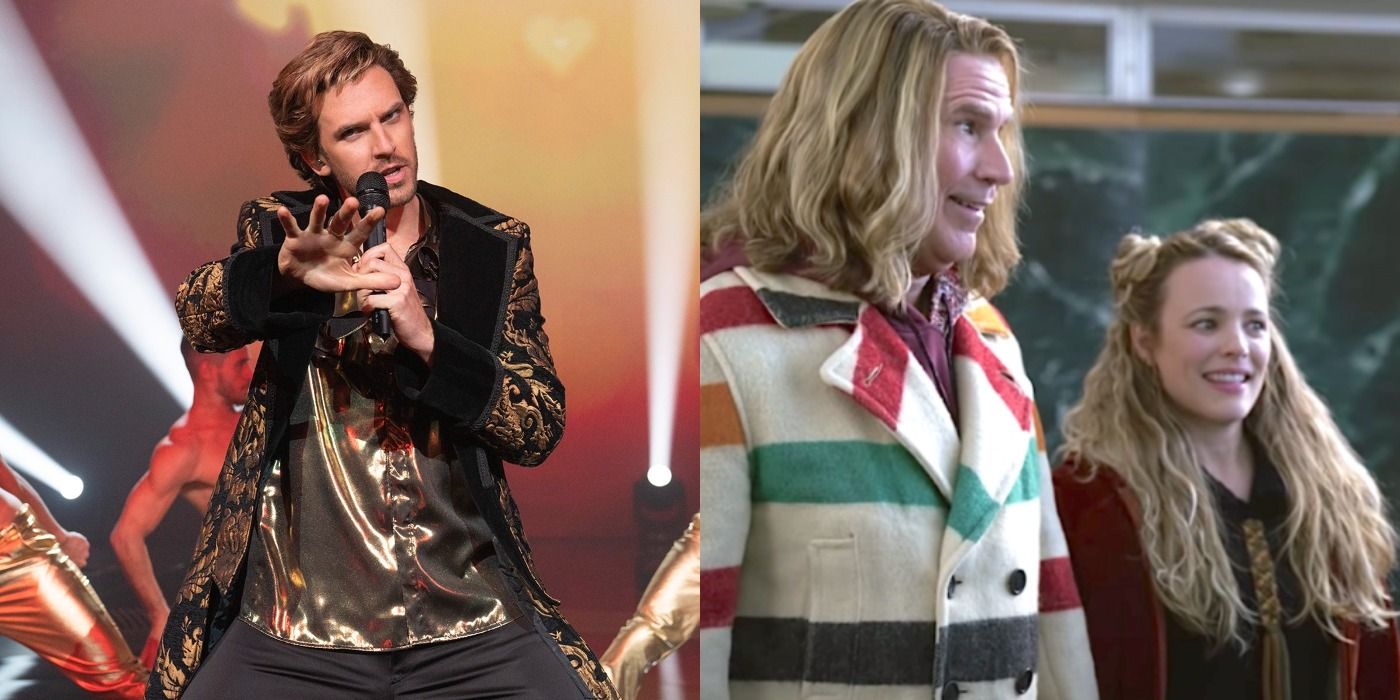 two pictures from Eurovision, Dan Stevens in a shiny shirt singing a song on an orange stage, Will Ferrell and Rachel McAdams in colorful clothing smiling awkwardly