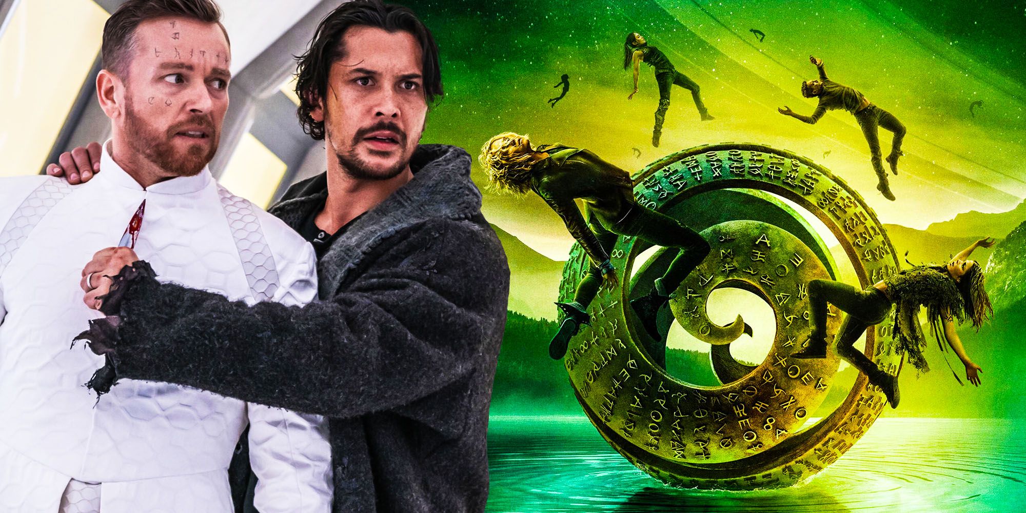A blended image features Bellamy holding a knife on one of Cadogan's Disciples in The 100 season 7 and The 100 season 7 promo art that included cast members floating by the spiral artifact