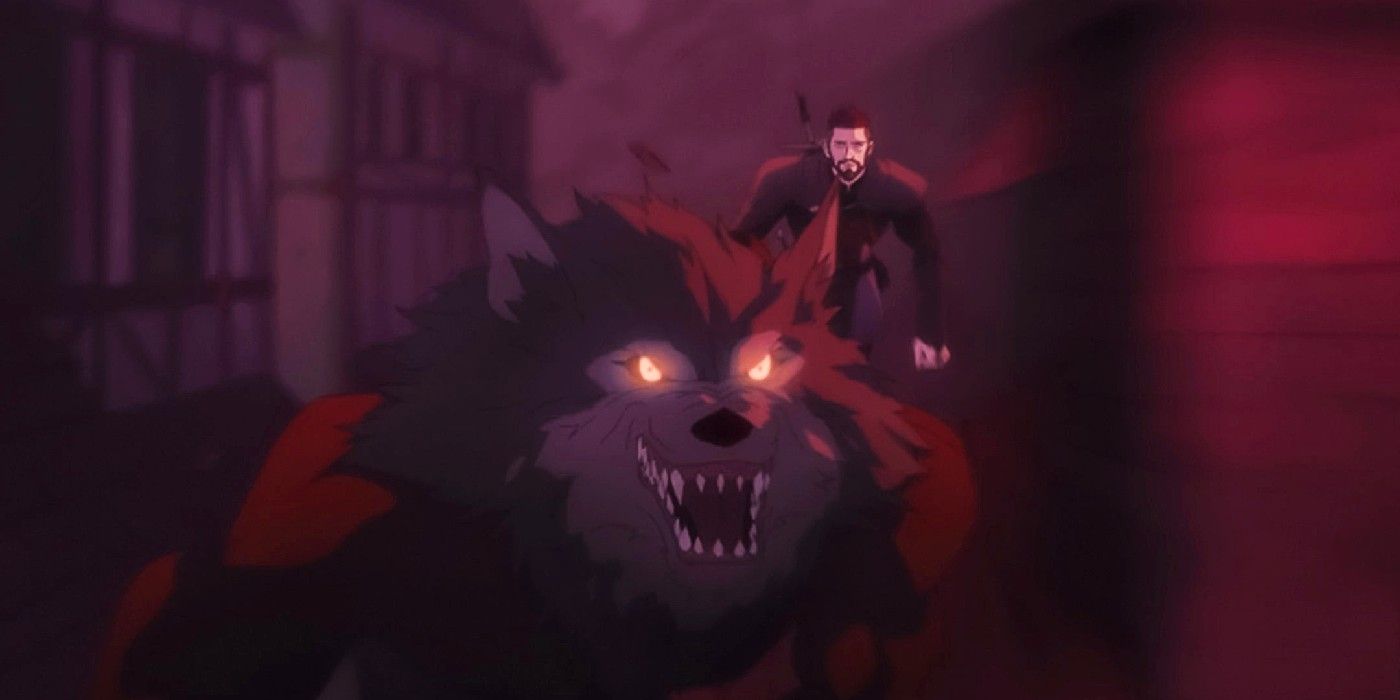 Vesemir riding a wolf in The Witcher Nightmare Of The Wolf