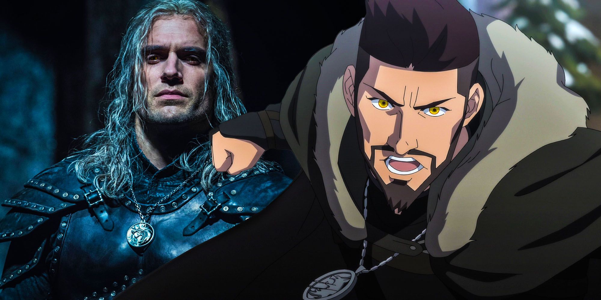 Split image showing Geralt and Vesemir