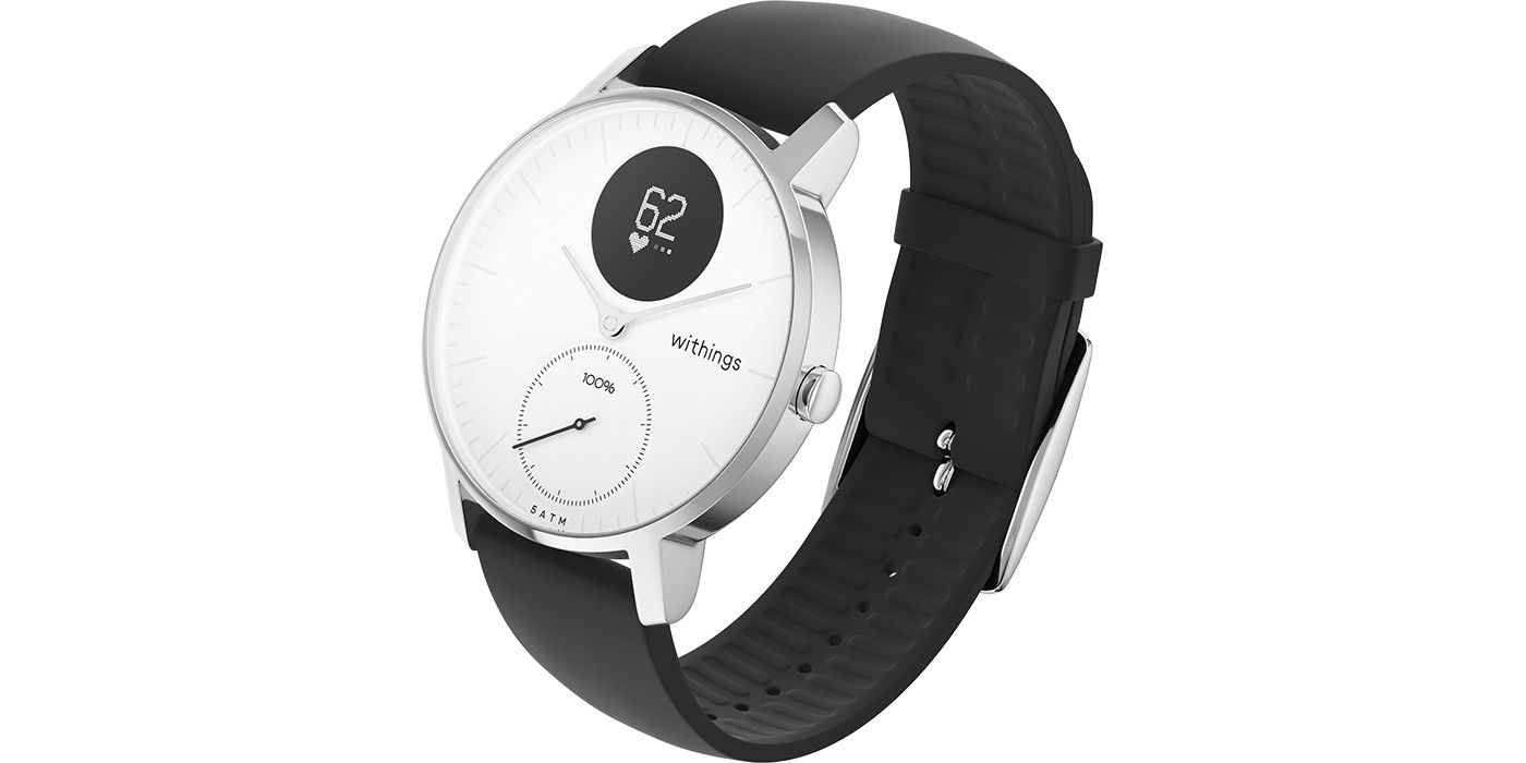 The Withings Steel HR smartwatch with a white face and black band on a white background.