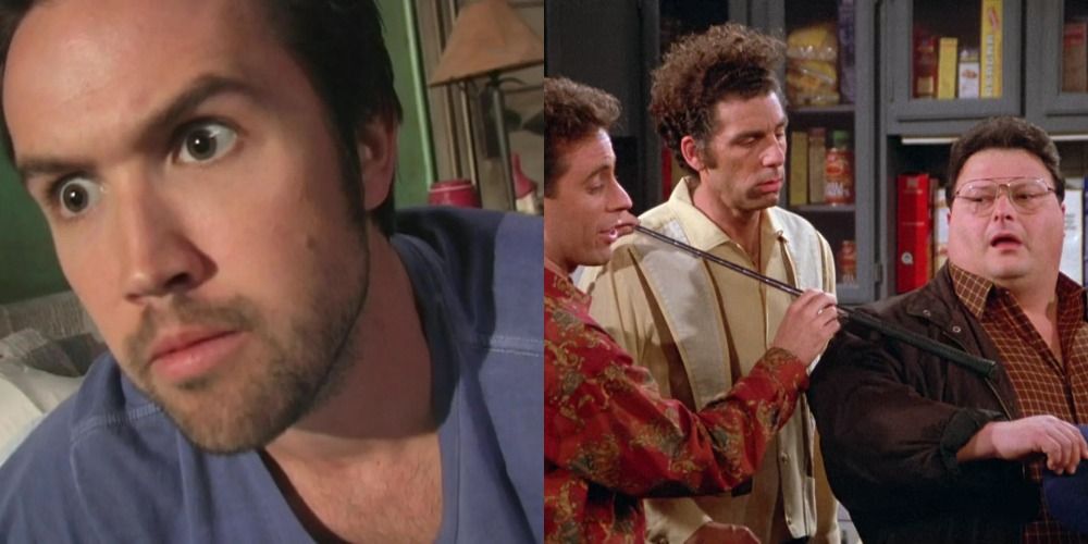 Rob McElhenney as Mac in Always Sunny in Philadelphia/Jerry, Kramer, and Newman in Seinfeld investigation scene