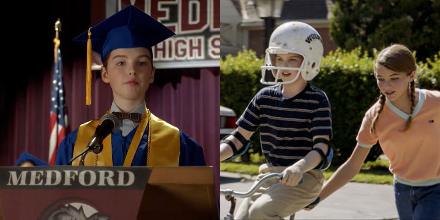 Split image of Sheldon at graduation and risking a bike on Young Sheldon.