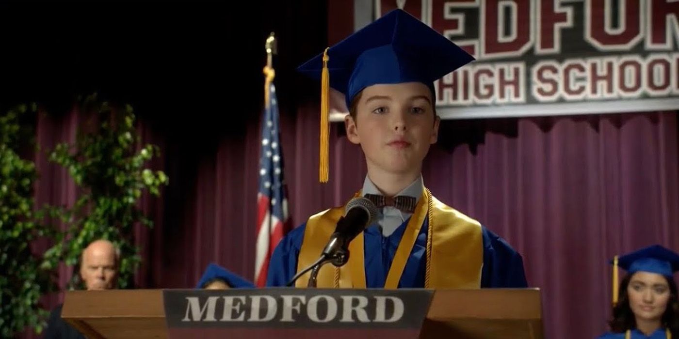 Sheldon at the podium giving his valedictorian speech on Young Sheldon.