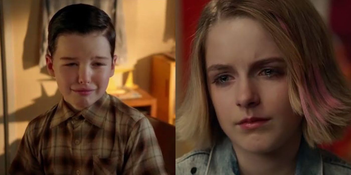 Split image of Sheldon and Paige from Young Sheldon, both crying.