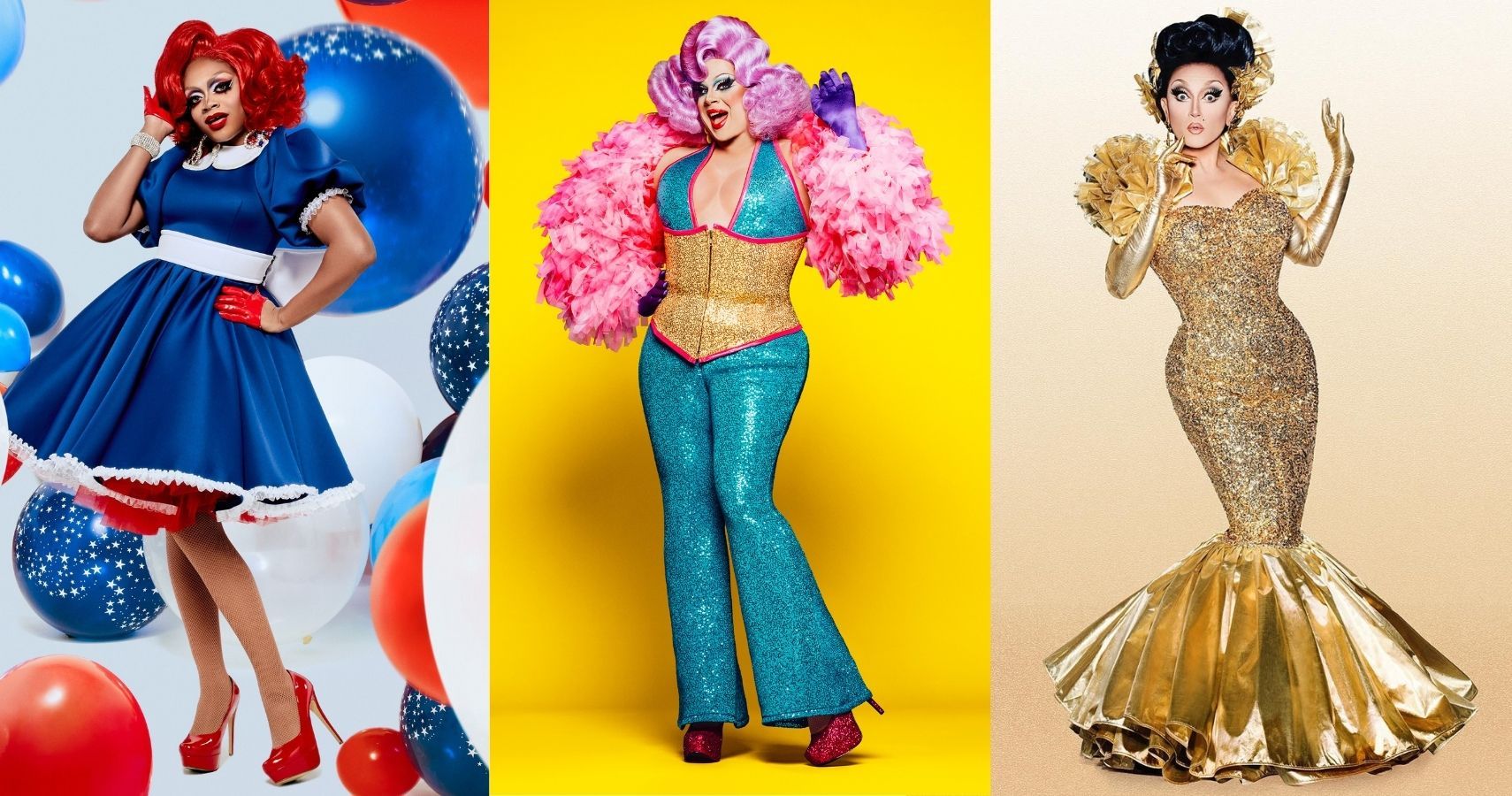 Split image: Heidi N Closet, Nina Flowers, and Ben DeLaCreme in cast photos for RuPaul's Drag Race