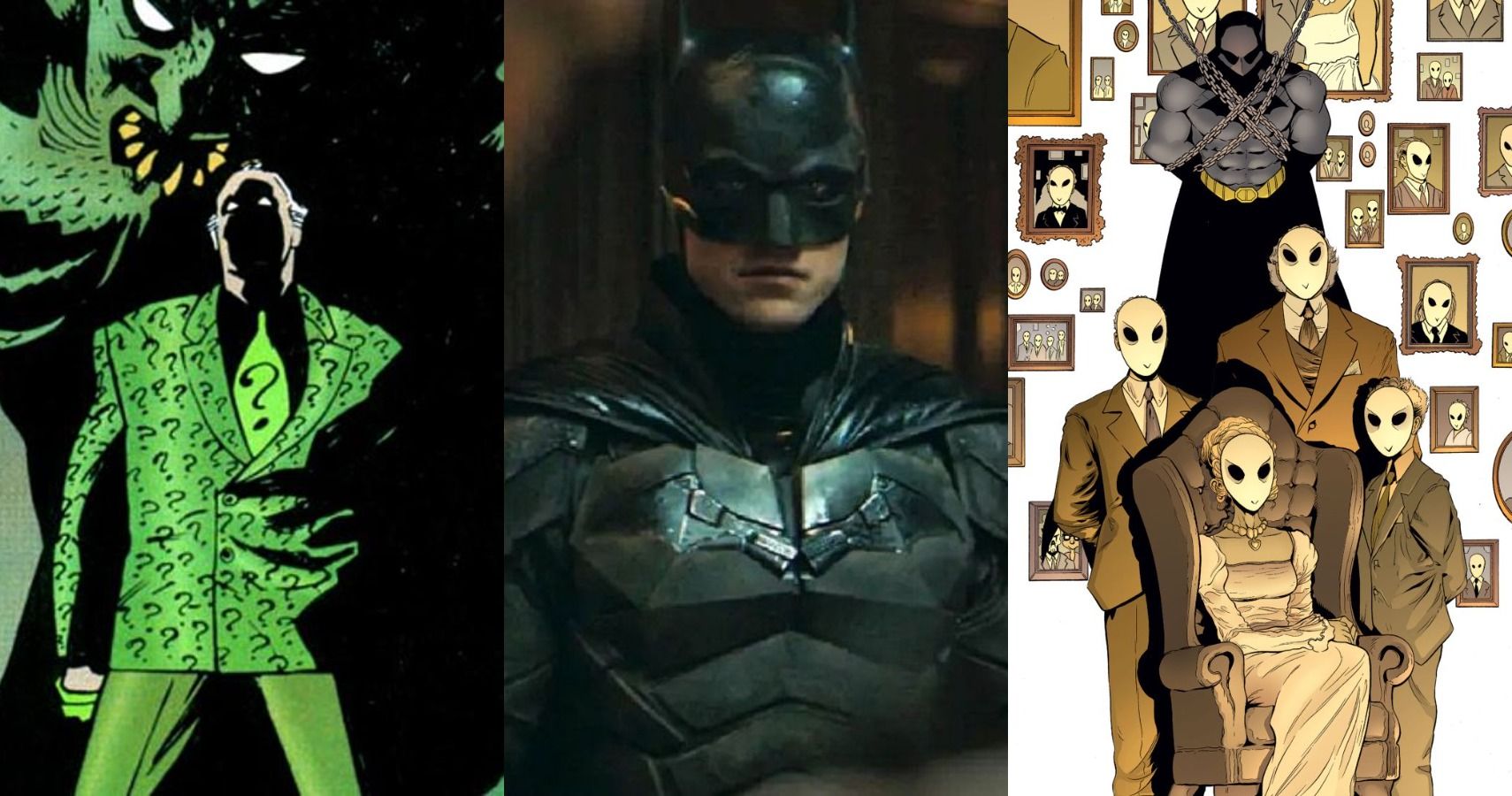 The Riddler standing in front of Barbatos, Robert Pattionson&rsquo;s Batman, and a strung up Batman behind The Court of Owls.