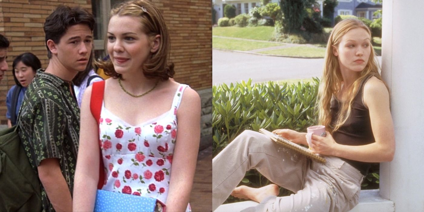 Split image of Cameron looking at Bianca and Kat sitting down in 10 Things I Hate About You