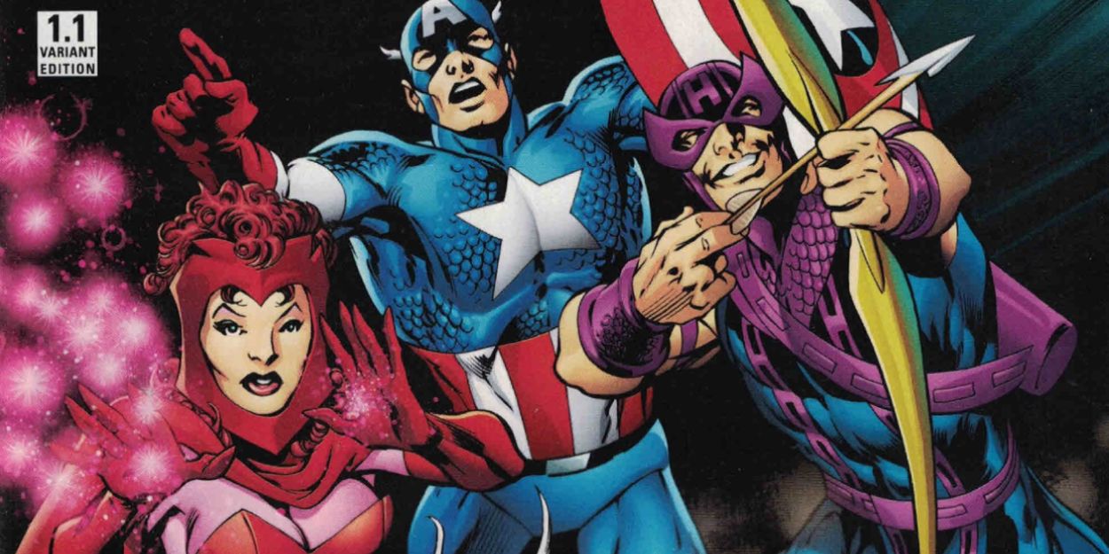 Captain America, Scarlet Witch, &amp; hawkeye prepare to fight in Marvel Comics.