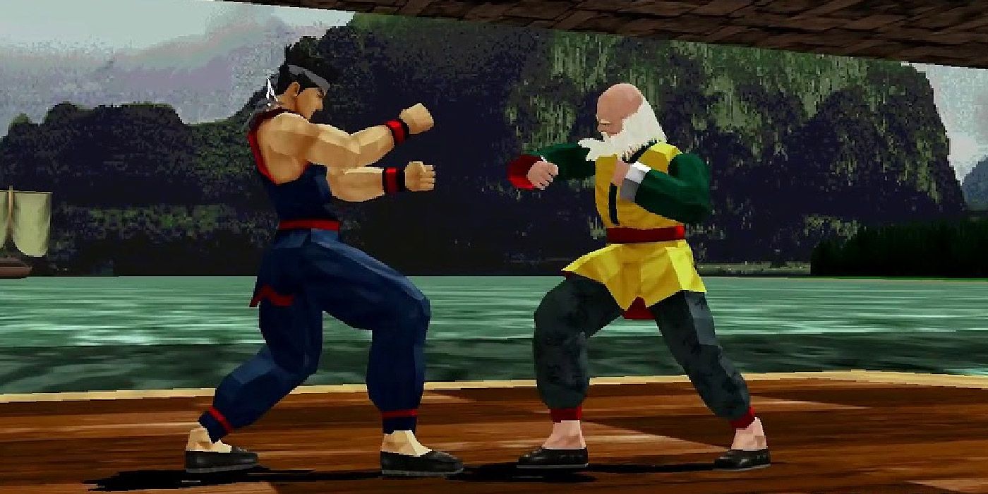 Akira battles a drunken Shun Di on a raft in Virtua Fighter 2.