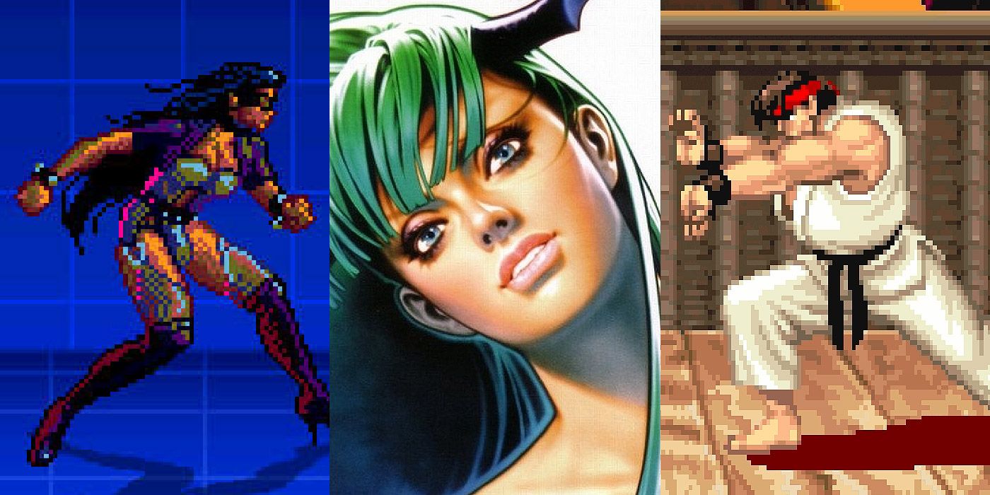 Split image of Shadow from Eternal Champions, Morrigan from Darkstalkers and Ryu from Street Fighter