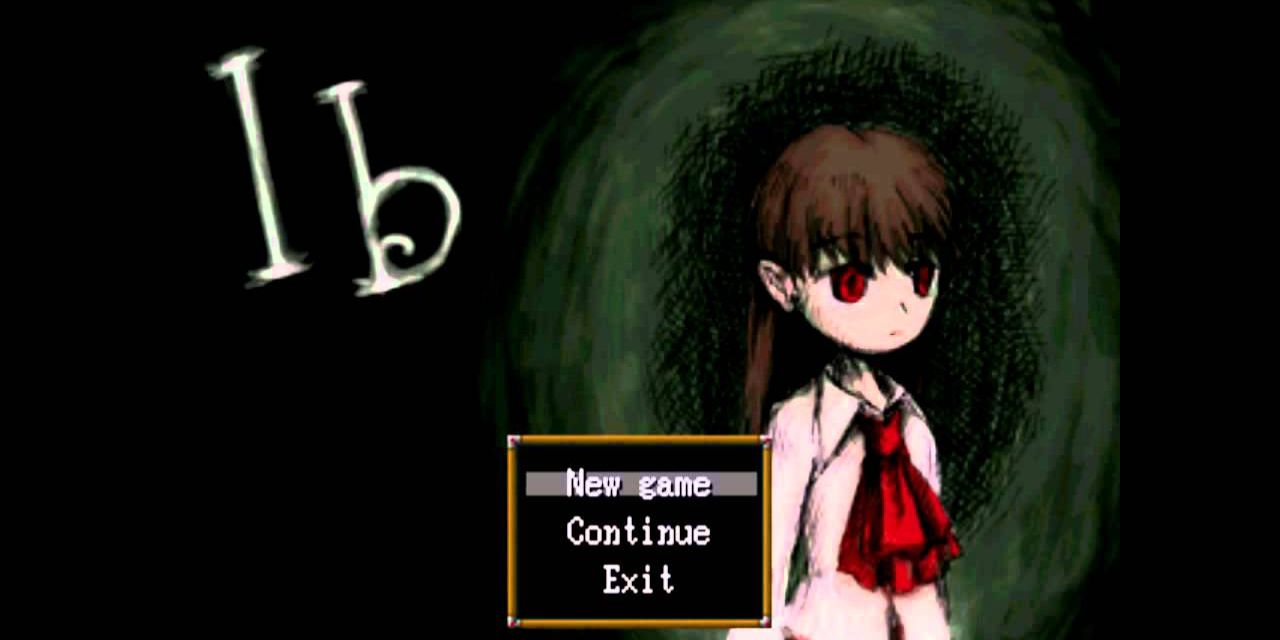 A schoolgirl stands in the title screen of the horror video game Ib.