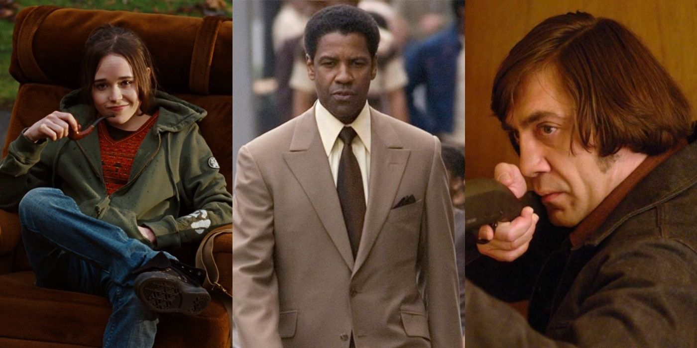 Split image of the movies Juno, American Gangster, and No Country For Old Men.