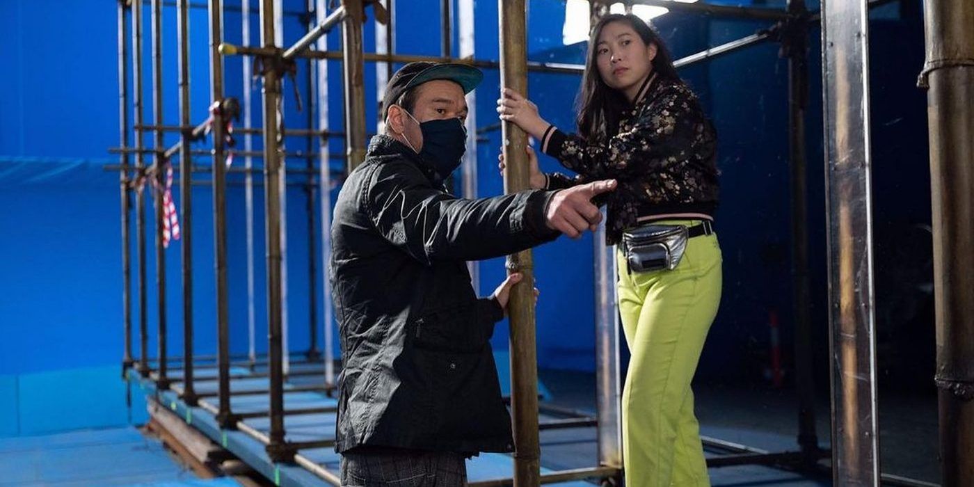 Awkwafina and director behind the scenes in Shang Chi