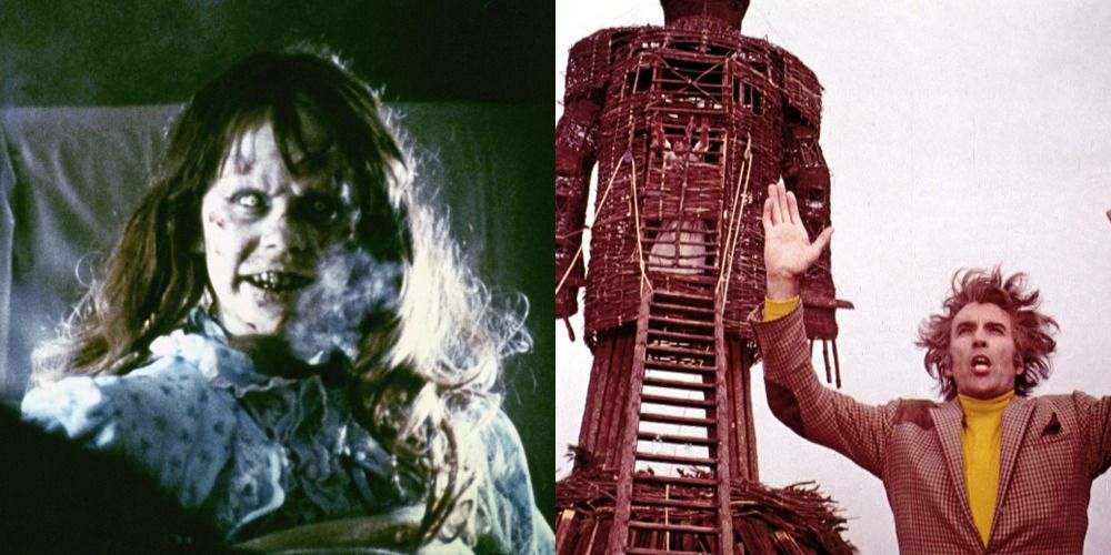 split image of Linda Blair in the Exorcist and Christopher Lee in front of wood sacrificial totem in The Wicker Man