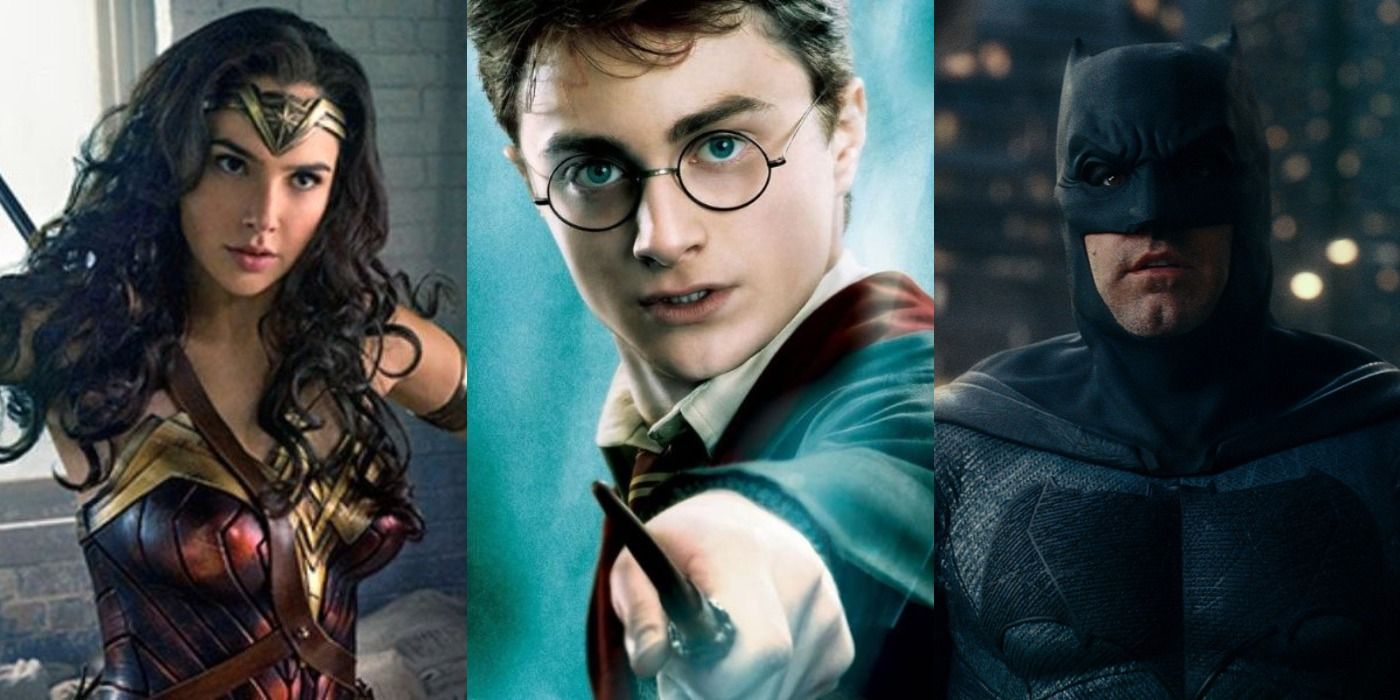A split image of Wonder Woman, Harry Potter, and Batman