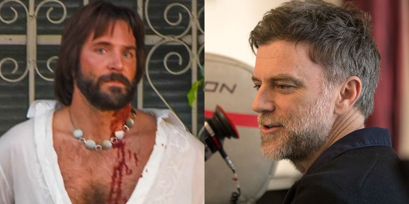 Split image of Bradley Cooper in Soggy Bottom and Paul Thomas Anderson behind the scenes