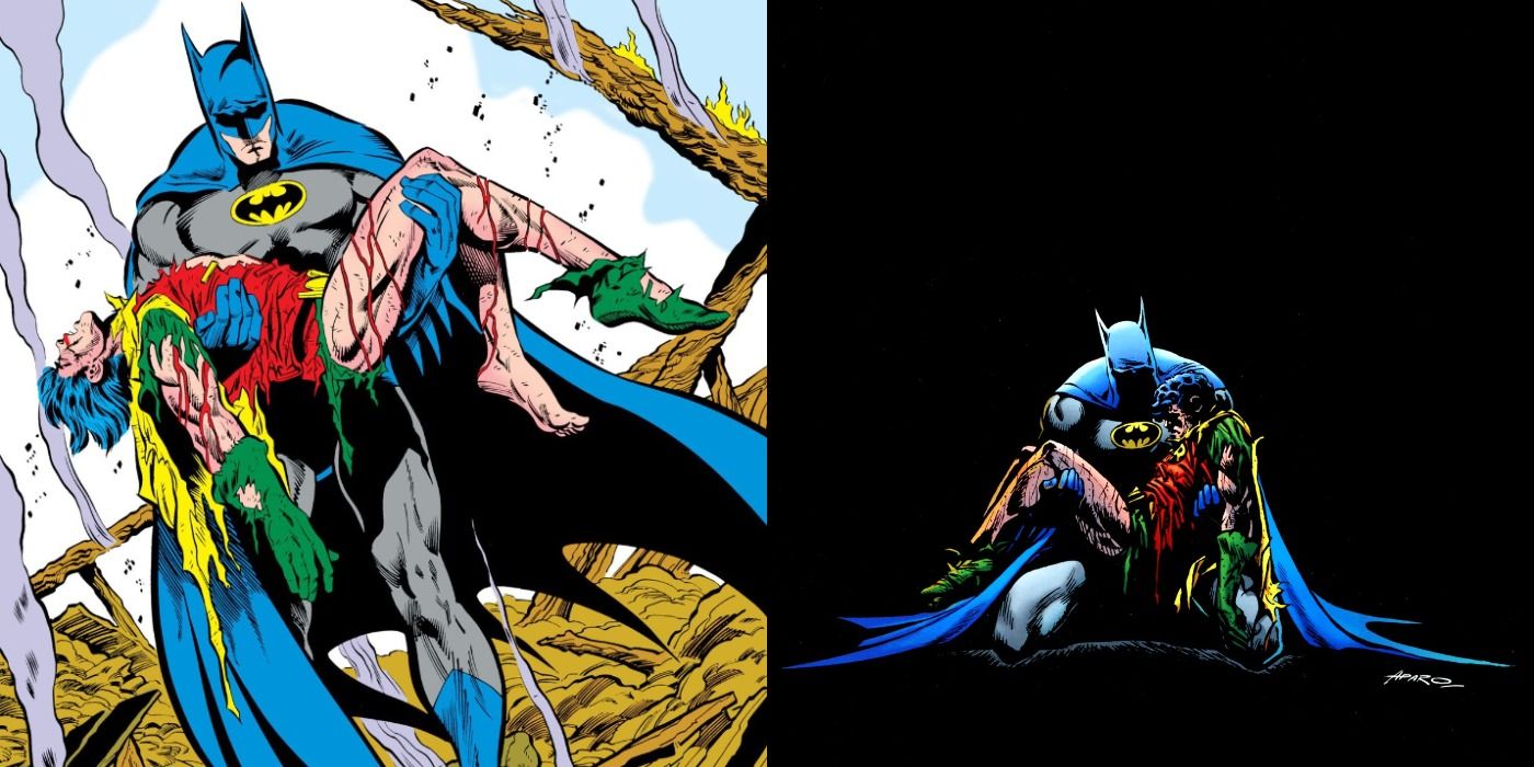 Panel of Batman carrying Jason's body and cover art