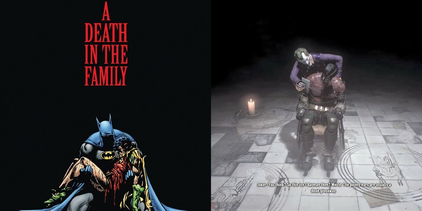 Split image of cover art for A Death in the Family and the Jason Todd torture scene in Arkham Knight