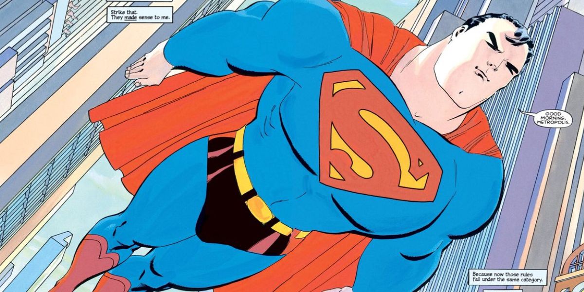 Superman flies with Metropolis behind him in a DC comic.
