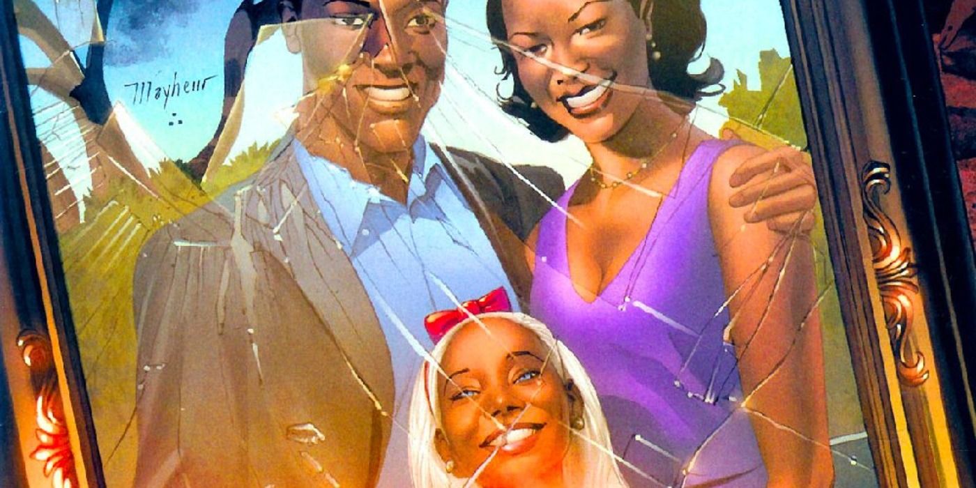 A broken photo of Storm and her parents in Marvel Comics.