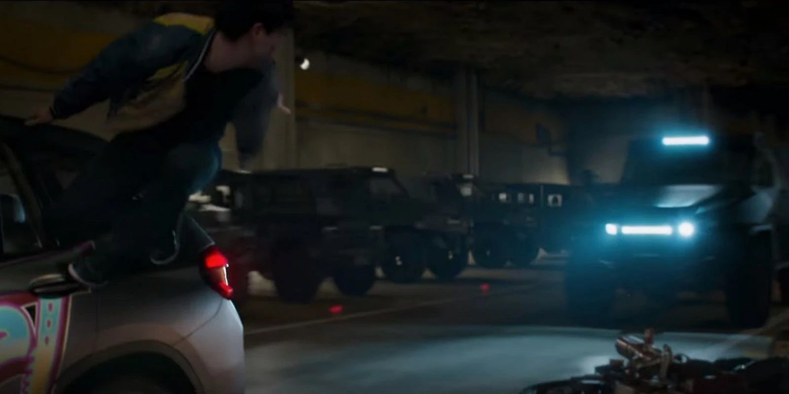 A car chase in the Ten Rings Headquarters in Shang-Chi and the Legend of the Ten Rings