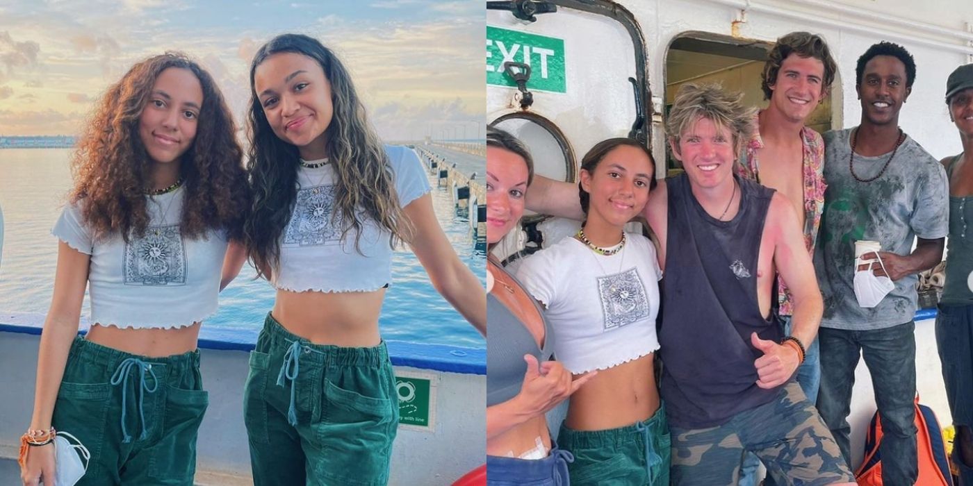 A side by side image of the cast of Outer Banks posing with their stunt doubles