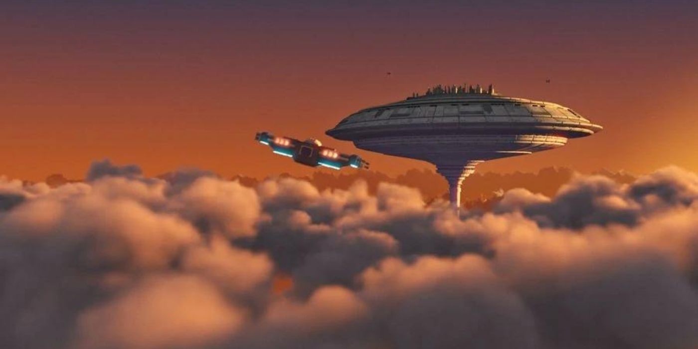 A space vehicle flying past Cloud City