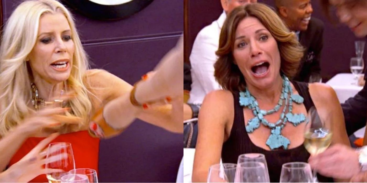 A split image of Aviva slamming her leg on the table as Luann screams in shock on RHONY