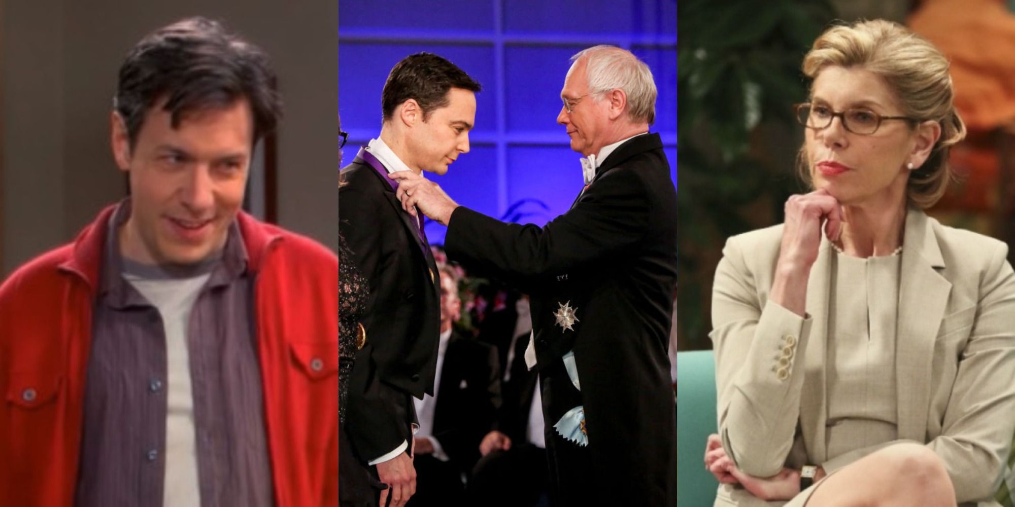 A split image of Barry Kripke, Sheldon receiving a Nobel Prize, and Beverly Hofstadter in The Big Bang Theory