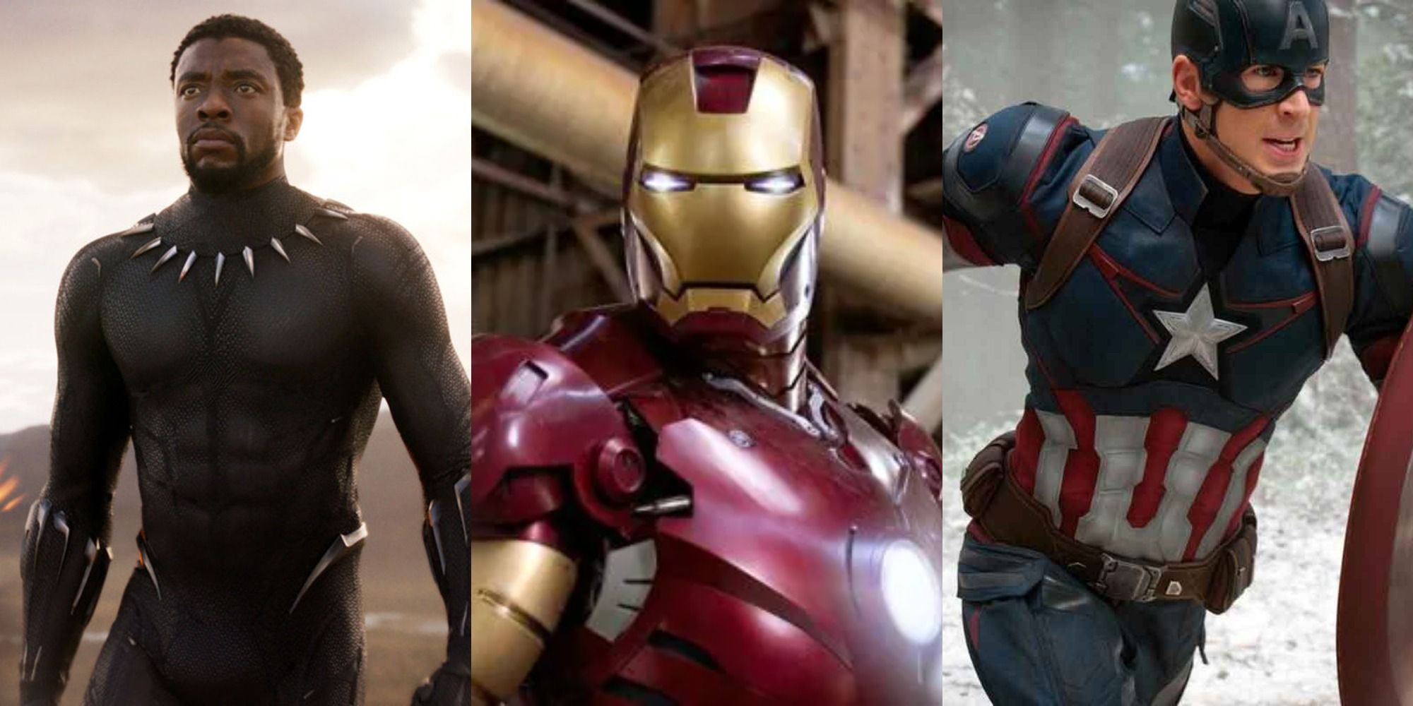 A split image of Black Panther, Iron Man, and Captain America