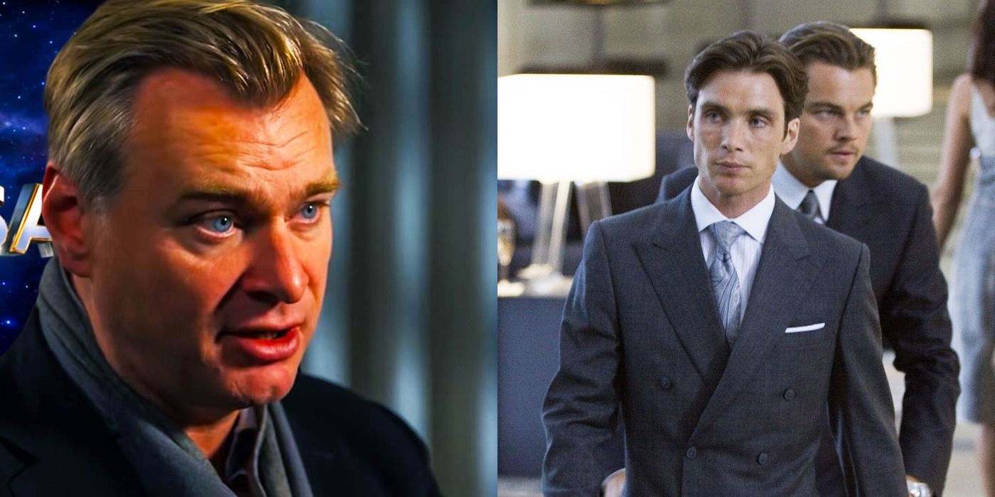 A split image of Christopher Nolan talking and Cillian Murphy in Inception