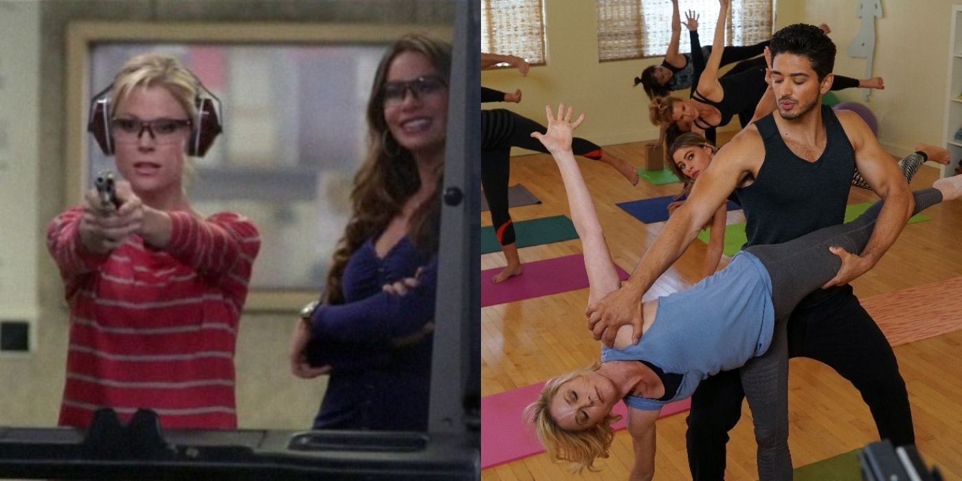 A split image of Claire Dunphy relaxing while shooting a gun and doing yoga on Mondern Family