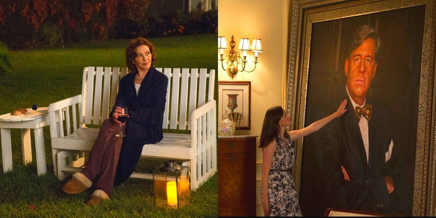 A split image of Emily Gilmore on the grass and Rory touching her grandfather's portrait on Gilmore Girls A Year in the Life.