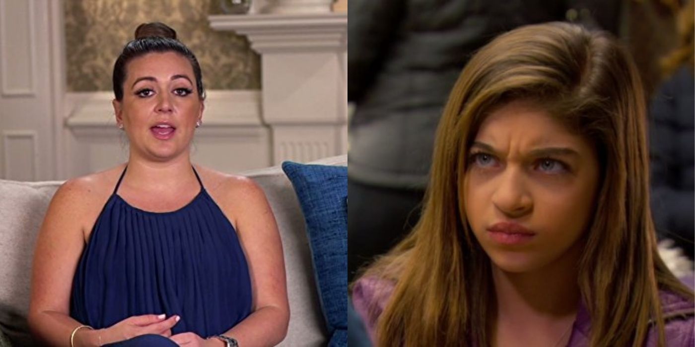 A split image of Gia and Lauren from RHONJ. Lauren talks to the camera while Gia is mad at her dad