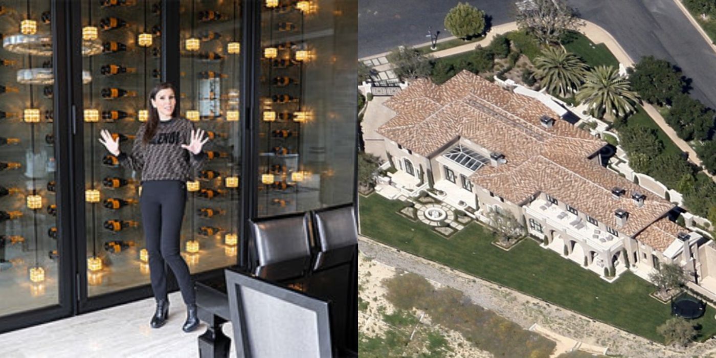 A split image of Heather Dubrow posing by her wine wall and a bird's eye view of her home from RHOC