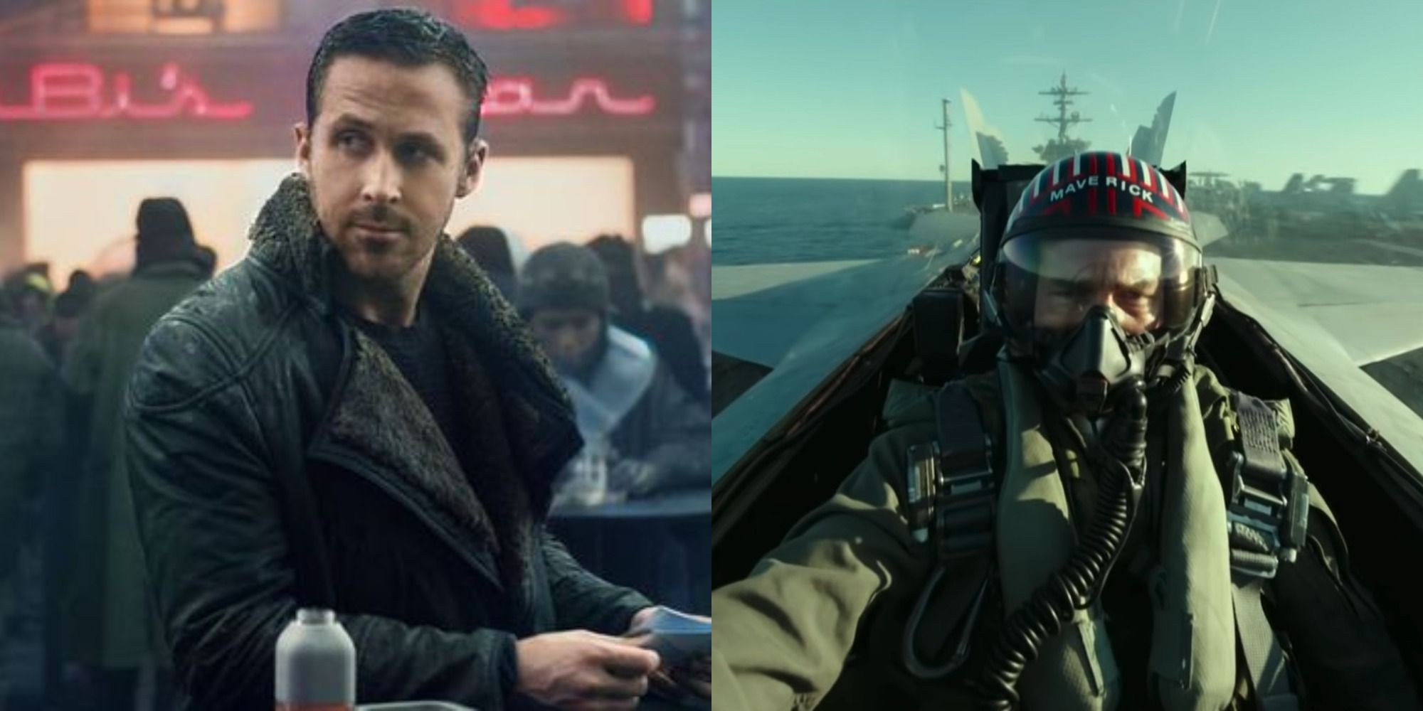 A split image of K in Blade Runner 2049 and Maverick flying a jet in Top Gun sequel