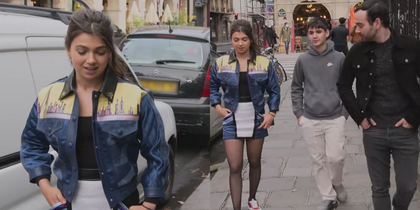 A split image of Miriam and her outfit while in Paris with her brothers on My Unorthodox Life