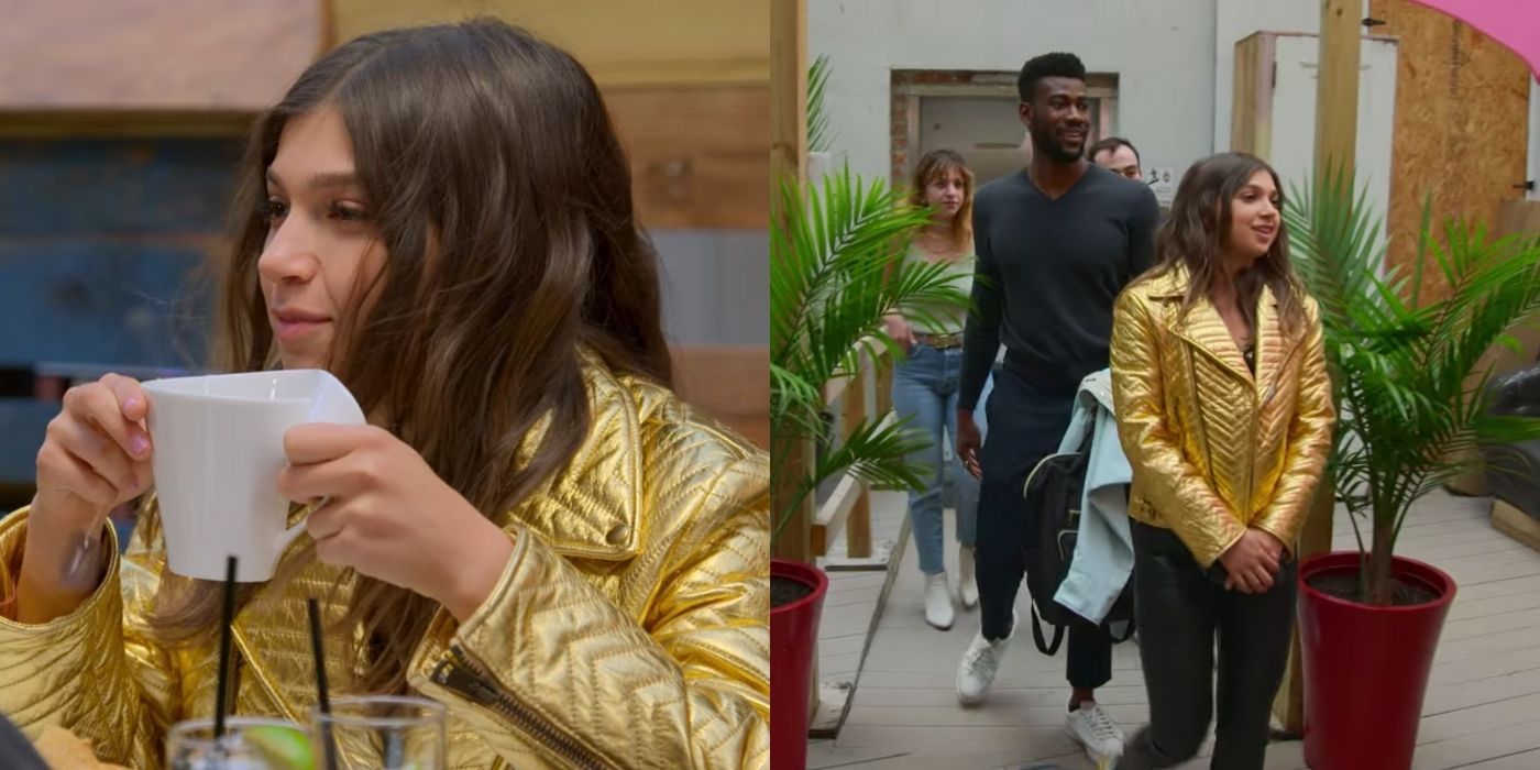 A split image of Miriam on a date wearing a gold jacket and black pants in My Unothodox Life