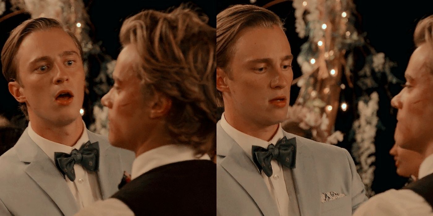 A split image of Rafe and JJ arguing at the country club on Outer Banks